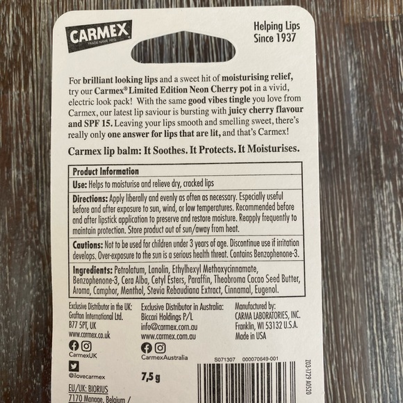 Carmex Limited Edition Neon Cherry pot Moisturing Lip Balm - Picture 2 of 3